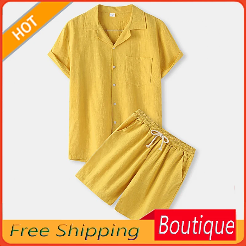 2023 New Men's Casual Set European Size Solid Cotton and Linen Short sleeved Shirt and Shorts Two Piece Men's Suit