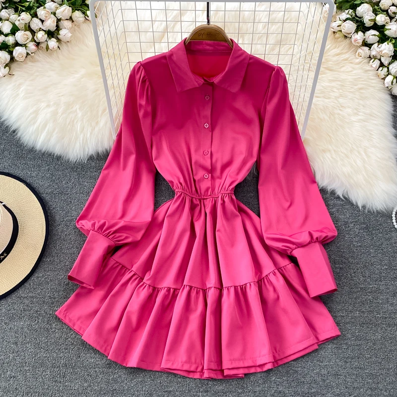 

Шикарное платье-рубашка с пышными длинными рукавами, винтажное платье-трапеция с отложным воротником и оборками, элегантное осеннее корейс...