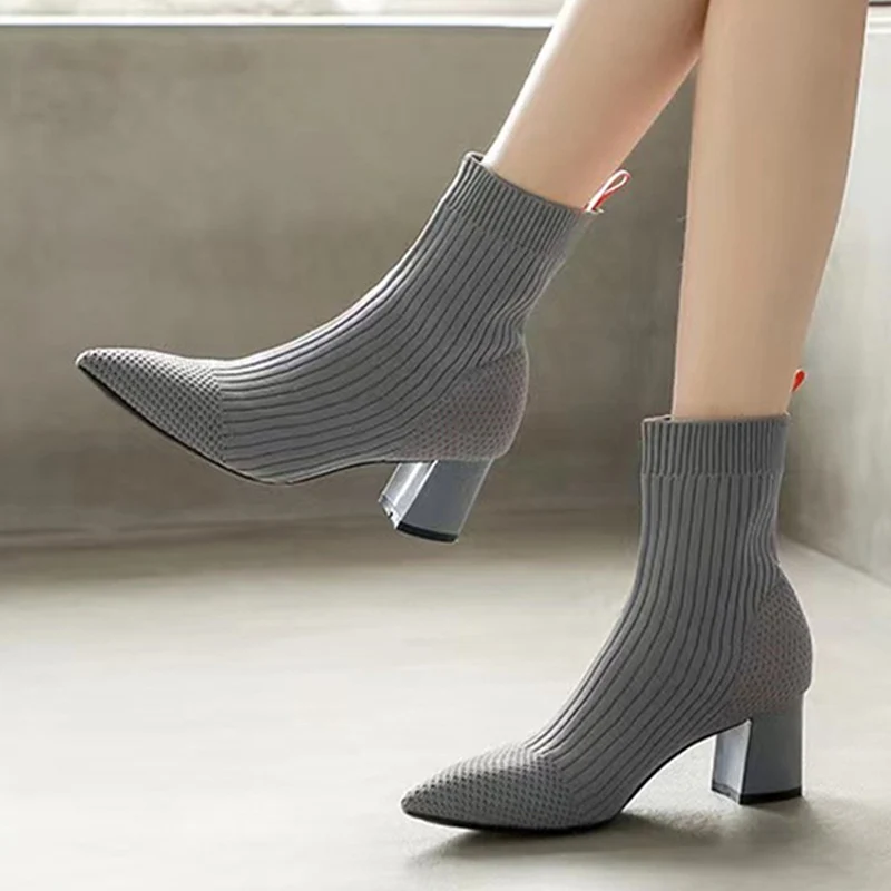 

Liyke Autumn Winter Gray Knitted Stretch Fabric Socks Women Boots Low Square Heels Ankle Booties Female Pointed Toe Shoes Casual