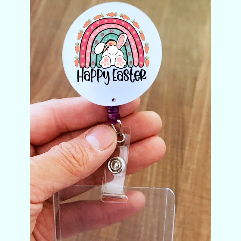 

Customized 2023 Bunny Badge ReelS For Happy Easter'Day Gift Id Tag Bag Holder