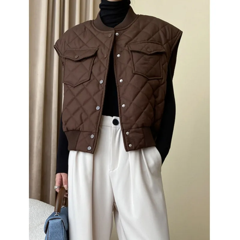 

Autumn Winter Sleeveless Cardigans Vest Women Single Breasted Loose Pocket Casual Coat Outwear