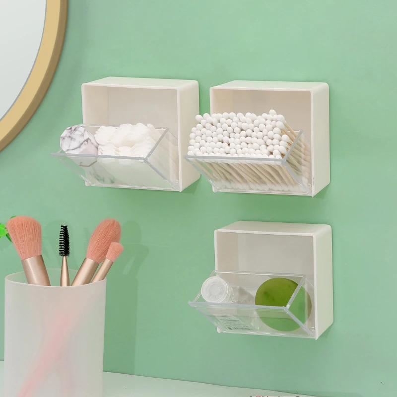 Wall-mounted Punch-free Storage Box Home Flip Container Box Cosmetic Cotton Swab Stick Head Rope Lipstick Storage Box