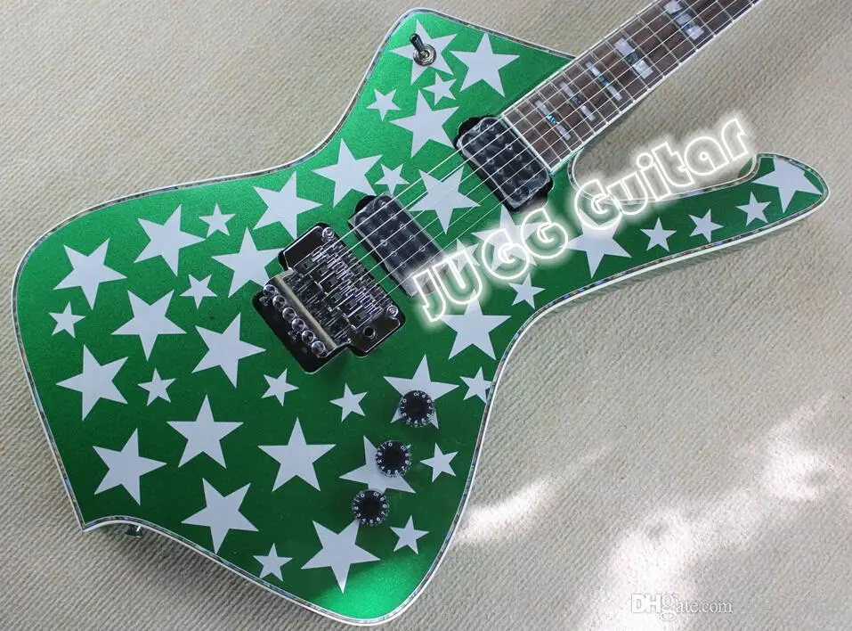 

White Zombie Jay Yuenger ICJ100WZ Iceman Galactic Green Silver Star Electric Guitar Floyd Rose Tremolo Bridge, Abalone Binding