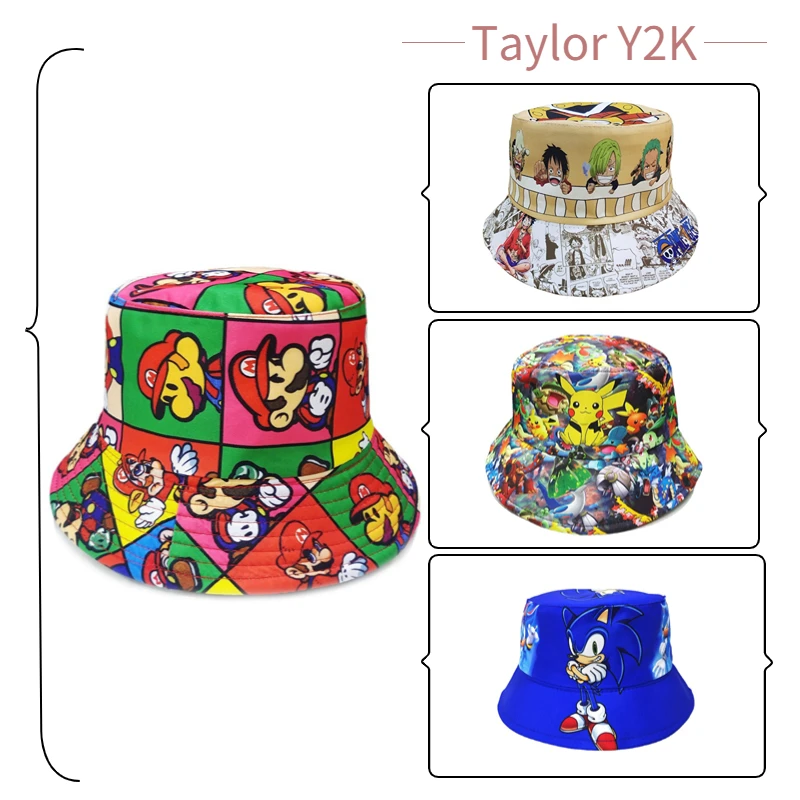 

Kawaii Super Mario Bucket Hat Japanese Anime Stitch One Piece Fashion Casual Versatile Sunscreen Sun Hat Couple Print Cap Y2K