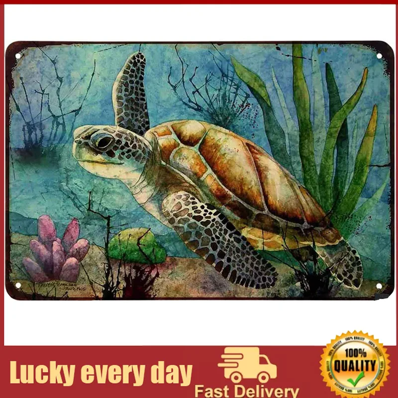 

Sea Turtle Tin Sign Oil Painting Turtle Lonely Swim in Ocean Vintage Metal Tin Signs for Men Women Wall Art Decor for Home Bars