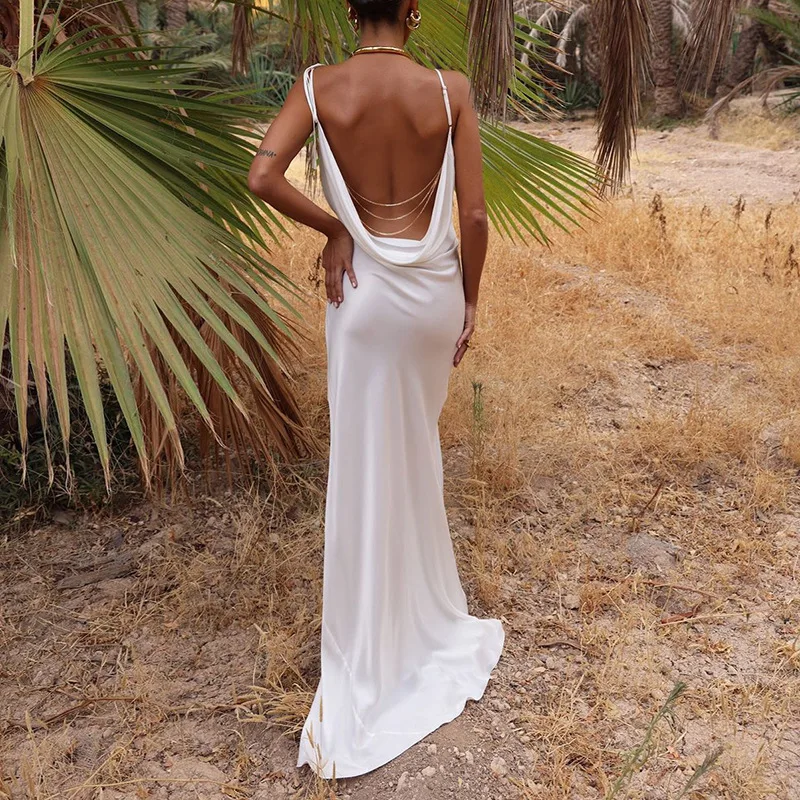 

2022 New Women Summer Dresses Chain Strap Slip White Sexy Party Dress Open Back Maxi Dress Fashion Sleeveless Night Club Dress