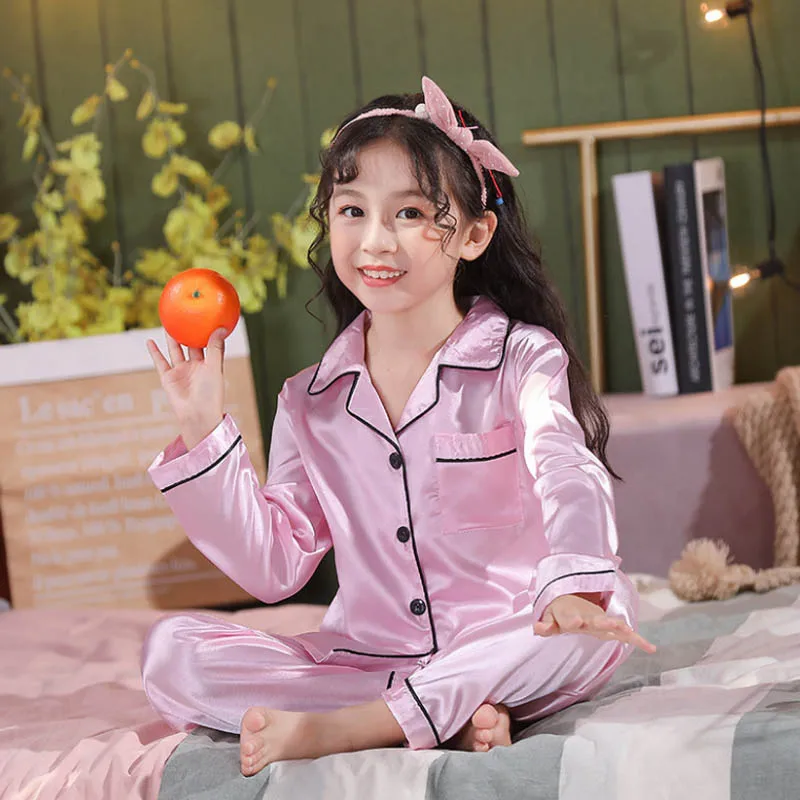

Satin Silk Pajamas Sets For Teen Girls Boys Pyjamas Long/Short Sleeve Top Pants Pijama Set Autumn Kids Sleepwear Child Pjs