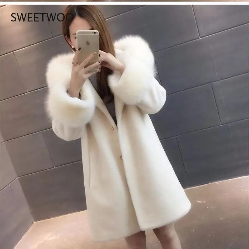 Fashion Winter New Hooded Sheep Sheared Fur Coat Wool Coat Women's Medium and Long Imitation Fox Hair Thickened Korean Slim Fit
