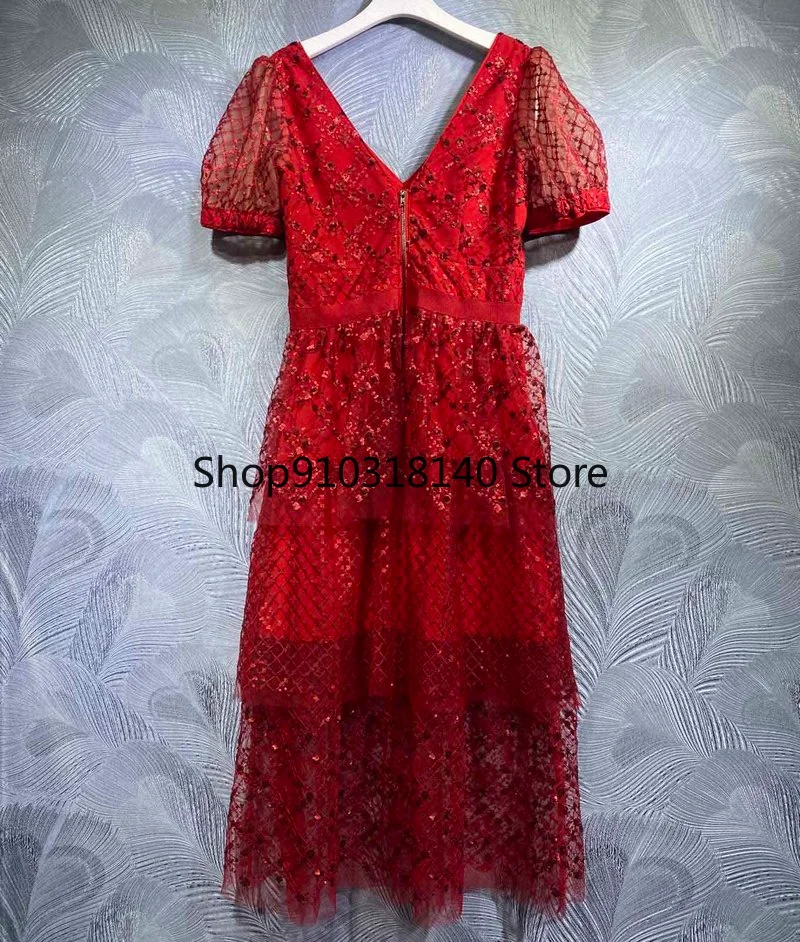 

high quality luxury 2022 women sequins beading mesh elegant long dress ladies vintage short sleeve v-neck party dress red B43