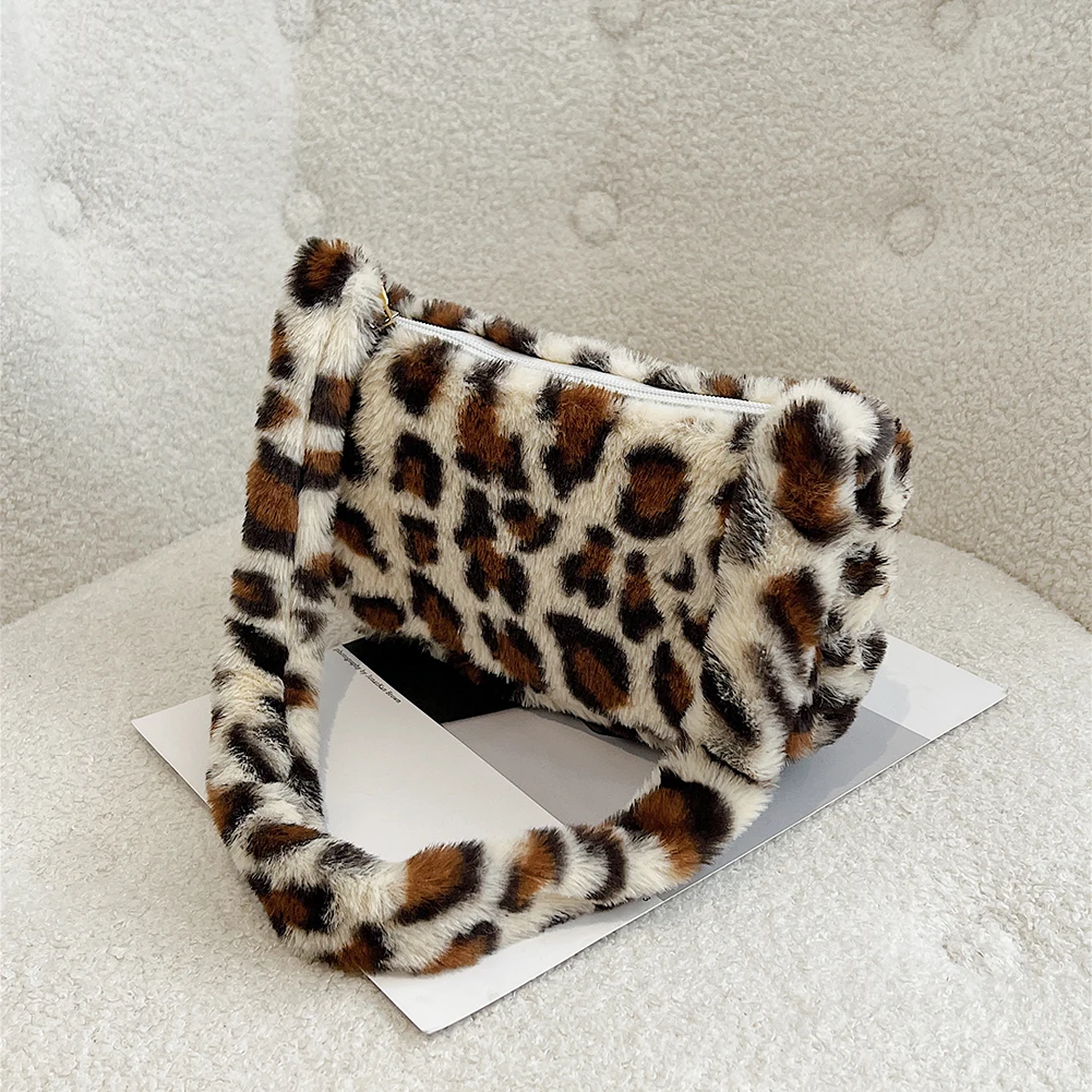 

Women Plush Leopard Star Print Handbag Female Autumn Winter Zipper Mini Armpit BagTravel Fluffy Underarm Bags