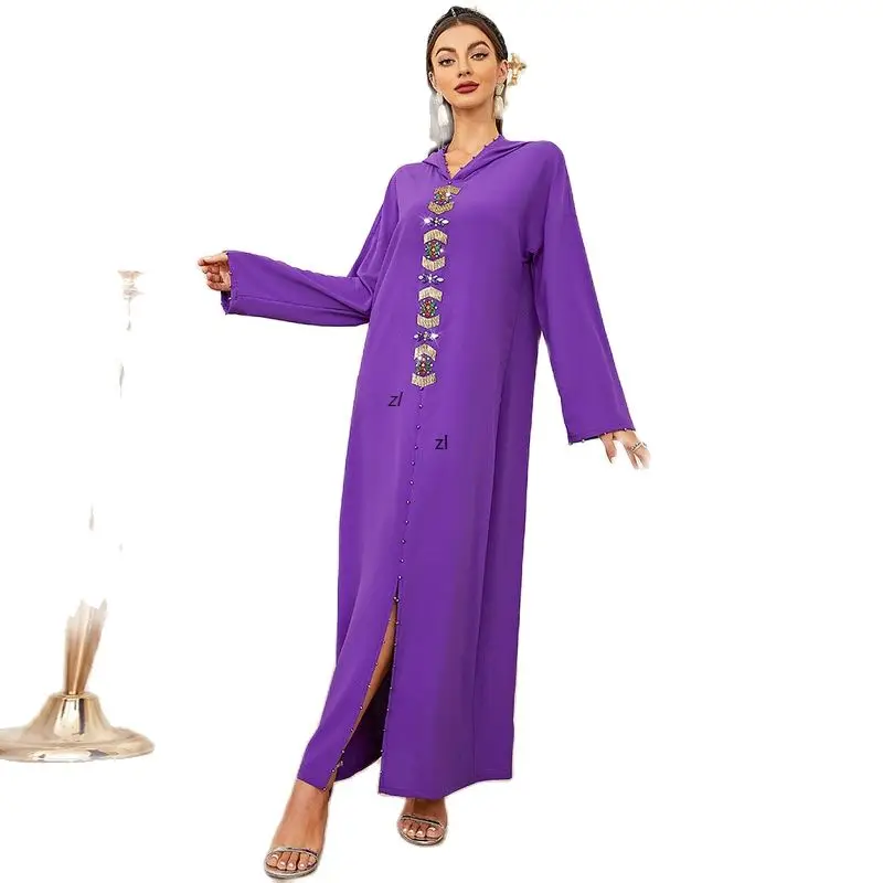 Women's Robe Tibetan Blue Handmade Diamond Hooded Dress Muslim Maxi Dress 2022 New Kaftan Abayas Djellaba Moroccan Vestidos