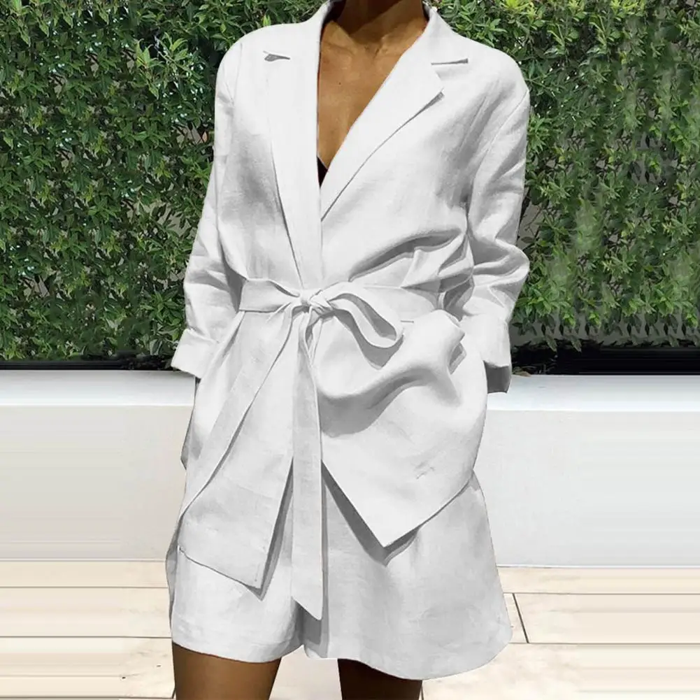 

2 Pcs/Set Women Shirt Shorts Set Lapel Long Sleeves Tight Waist with Belt Autumn Coat Shorts Set 2 piece sets womens outfits