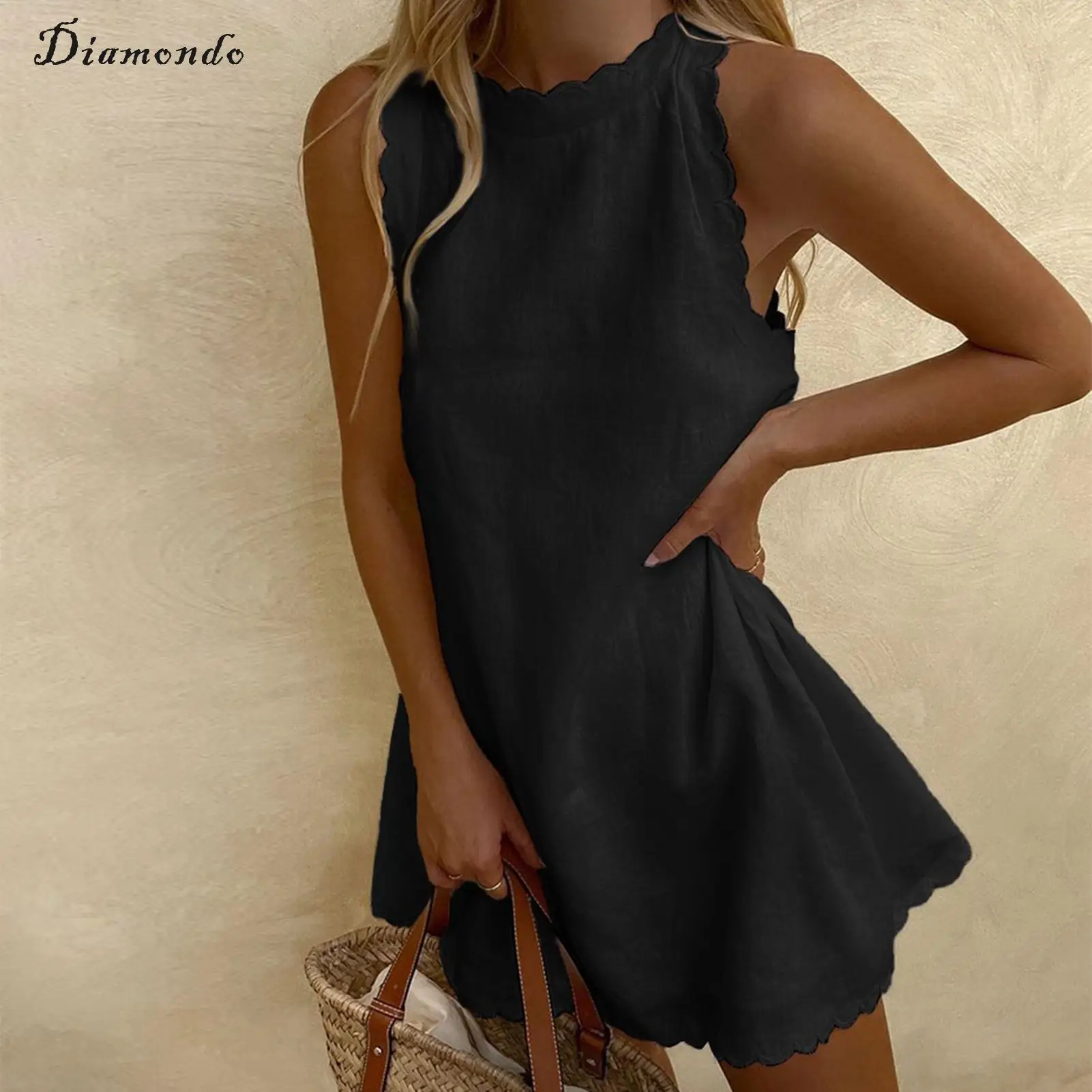 

Women Cocktail Mini Dress Cotton Linen Tanks Top Dress Lace Sleeveless Round Neck Sweet Fashion Casual Female Vestidos
