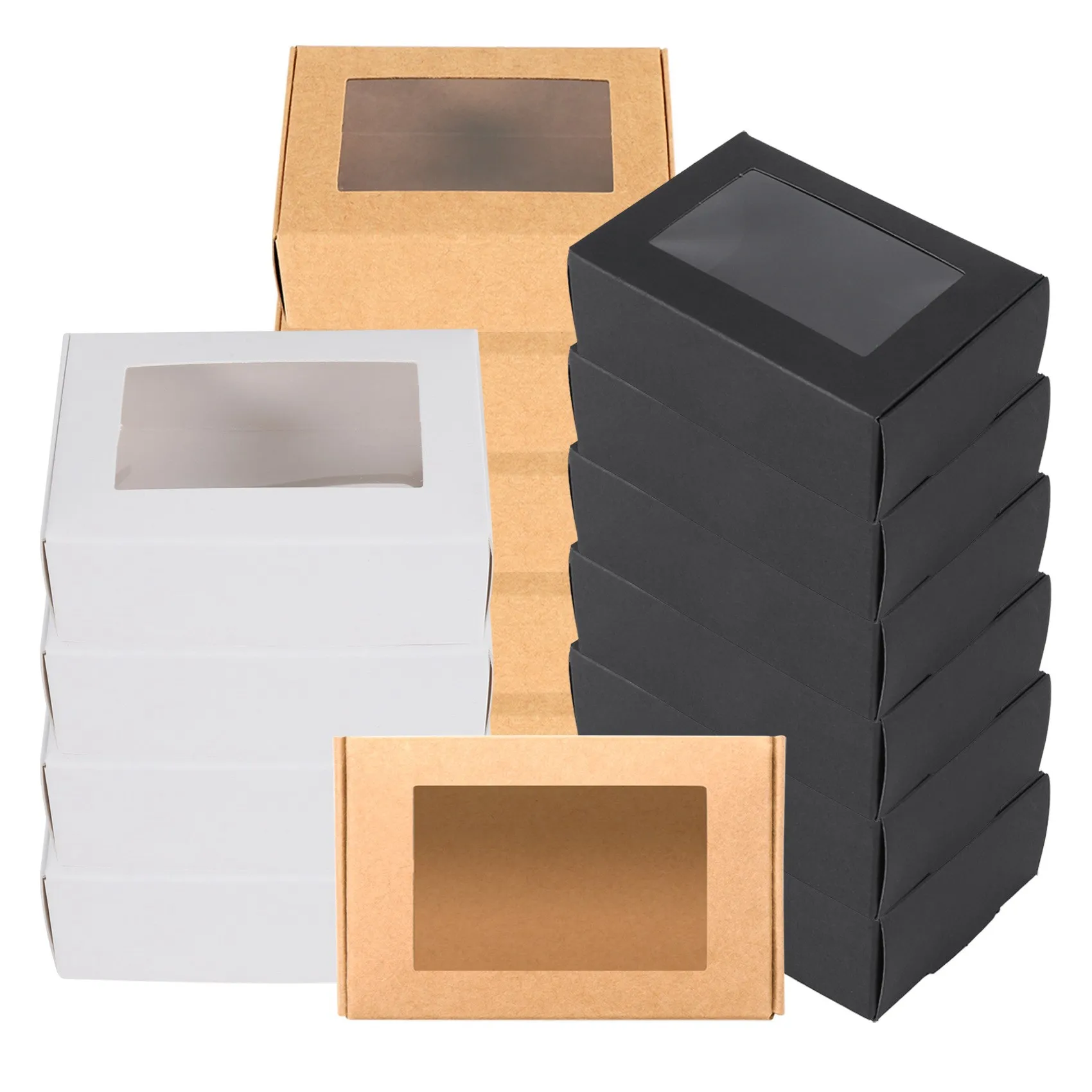 

30 шт. мини-коробка из крафт-бумаги с окном, подарочная упаковочная коробка, коробка для лечения мыла, пекарни, конфет (черный, коричневый, белый)