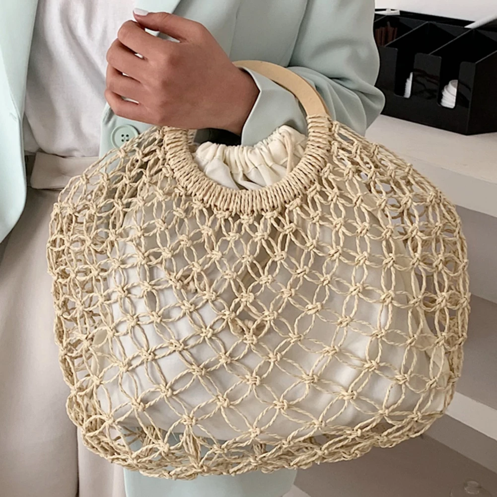 

Женская Соломенная Сумка-клатч с верхней ручкой, ажурный однотонный модный вместительный клатч с вырезами для повседневного отдыха, покупок, путешествий