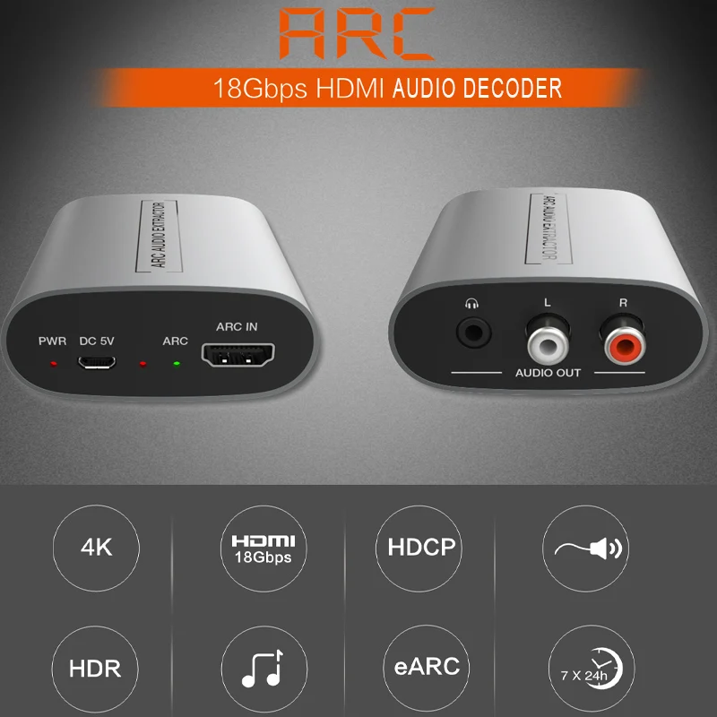 4K 60Hz HDMI Audio Decoder eARC ARC HDMI Audio Extractor Digital to Analog L/R 3.5 Jack LPCM for Amplifier Soundbar Speaker HDTV