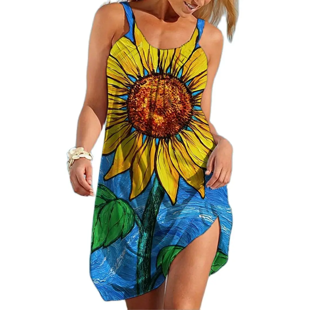 

Sunflower Print Midi Dress Women Bohemian Strap Beach Casual Sexy Dress Floral Camisole 3D Printing Girl Party Evening Dresses