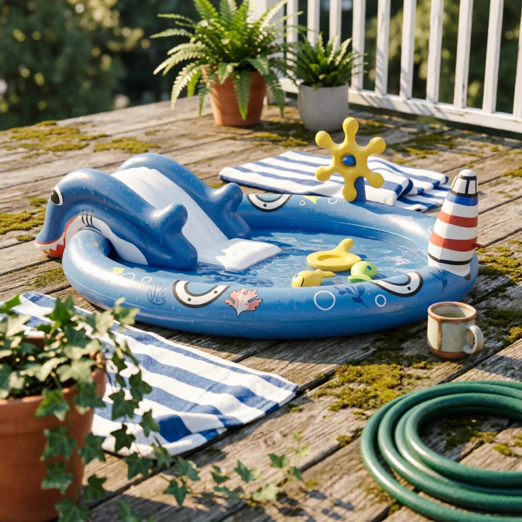 Фото Надувной бассейн Ocean Play Pool с горкой-дельфином из утолщенного ПВХ, легко устанавливаемый, для детских водных игр на открытом воздухе №1