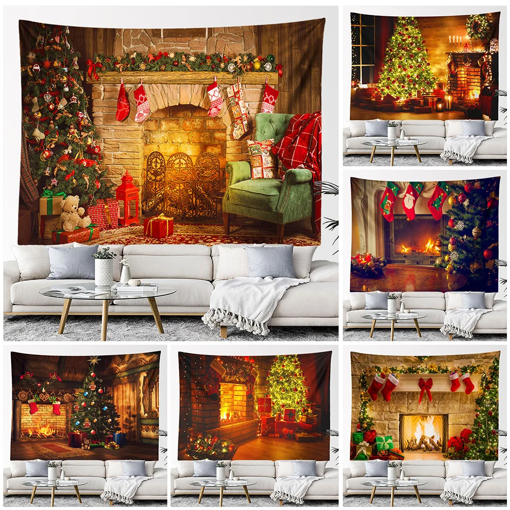 

Christmas Tapestry Wall Hanging Hippie Room Decor Christmas Tree Fireplace Aesthetic Large Cloth Tapestr Bedroom Home Decoration