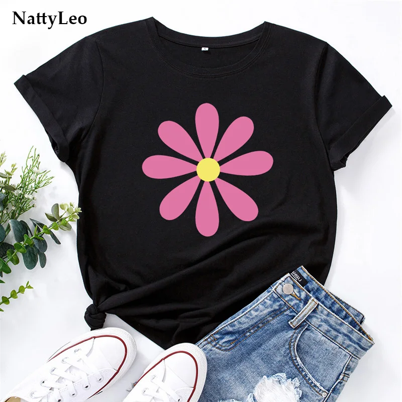

Summer Women Clothes Pink Flower Print T-Shirt Plus Size S-5XL TShirt 100%Cotton O Neck Short Sleeve Tees T Shirt Women Tops