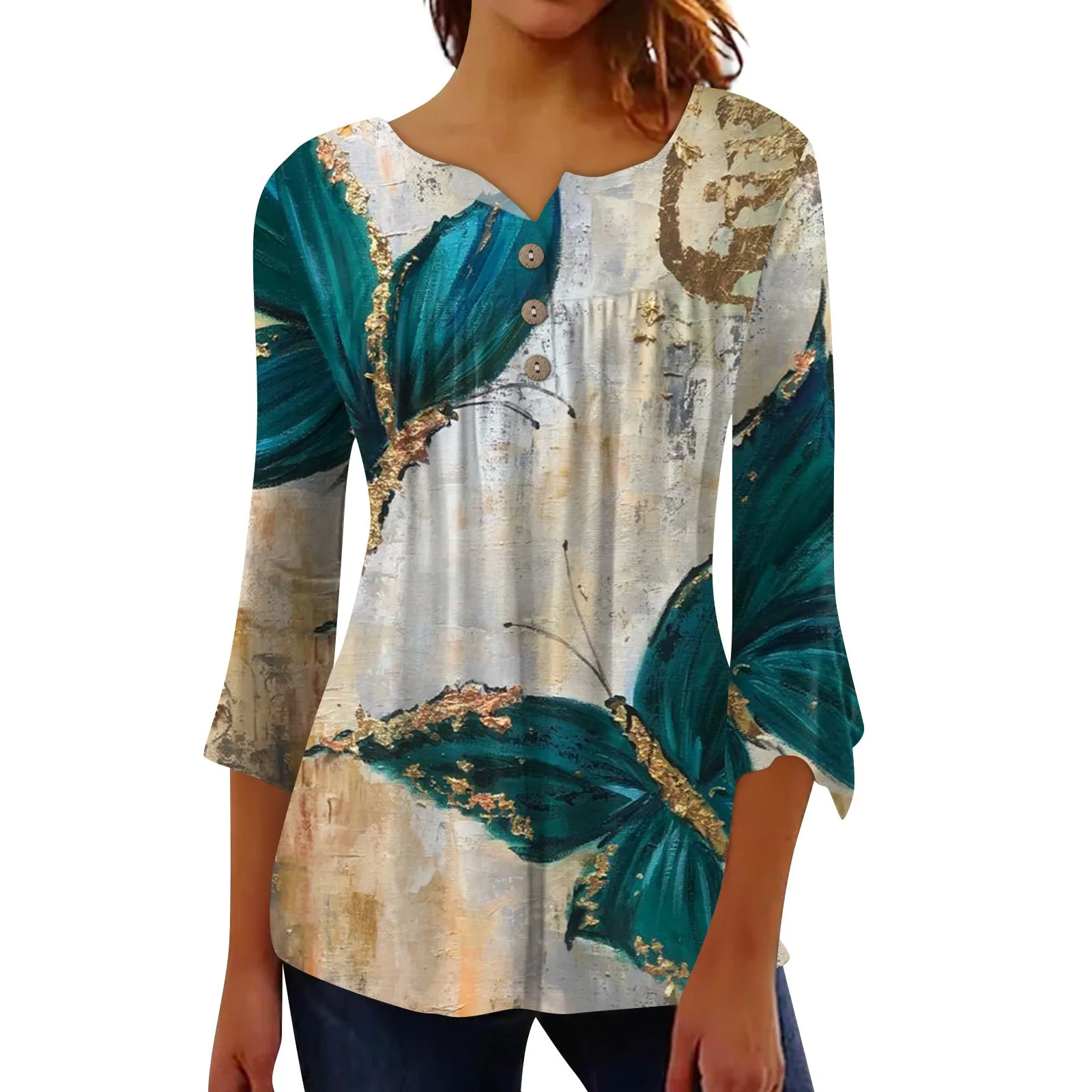 

Women'S Button Up Shirts Printed Tunic Summer Tops Dressy Casual Flared Pants Cropped Sleeves Spring And Fashion Woman 2023