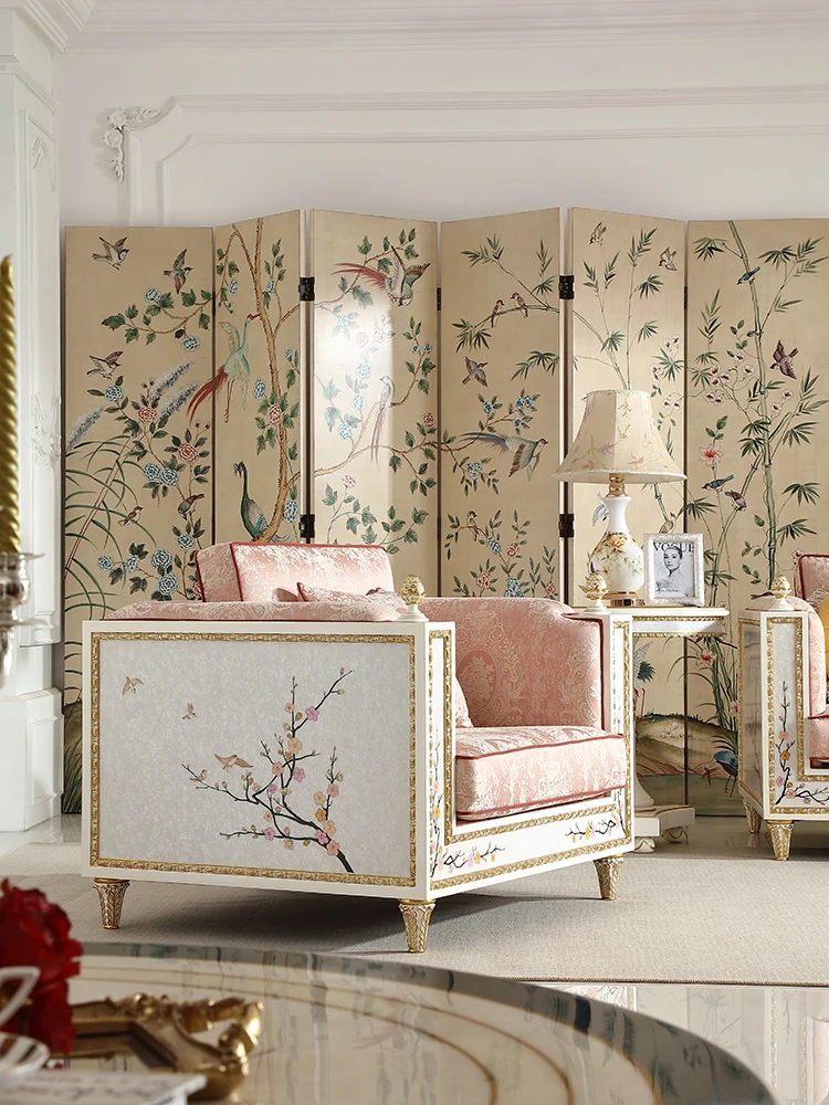 Диван из ткани во французском стиле рококо сочетание кремового цвета резьба по