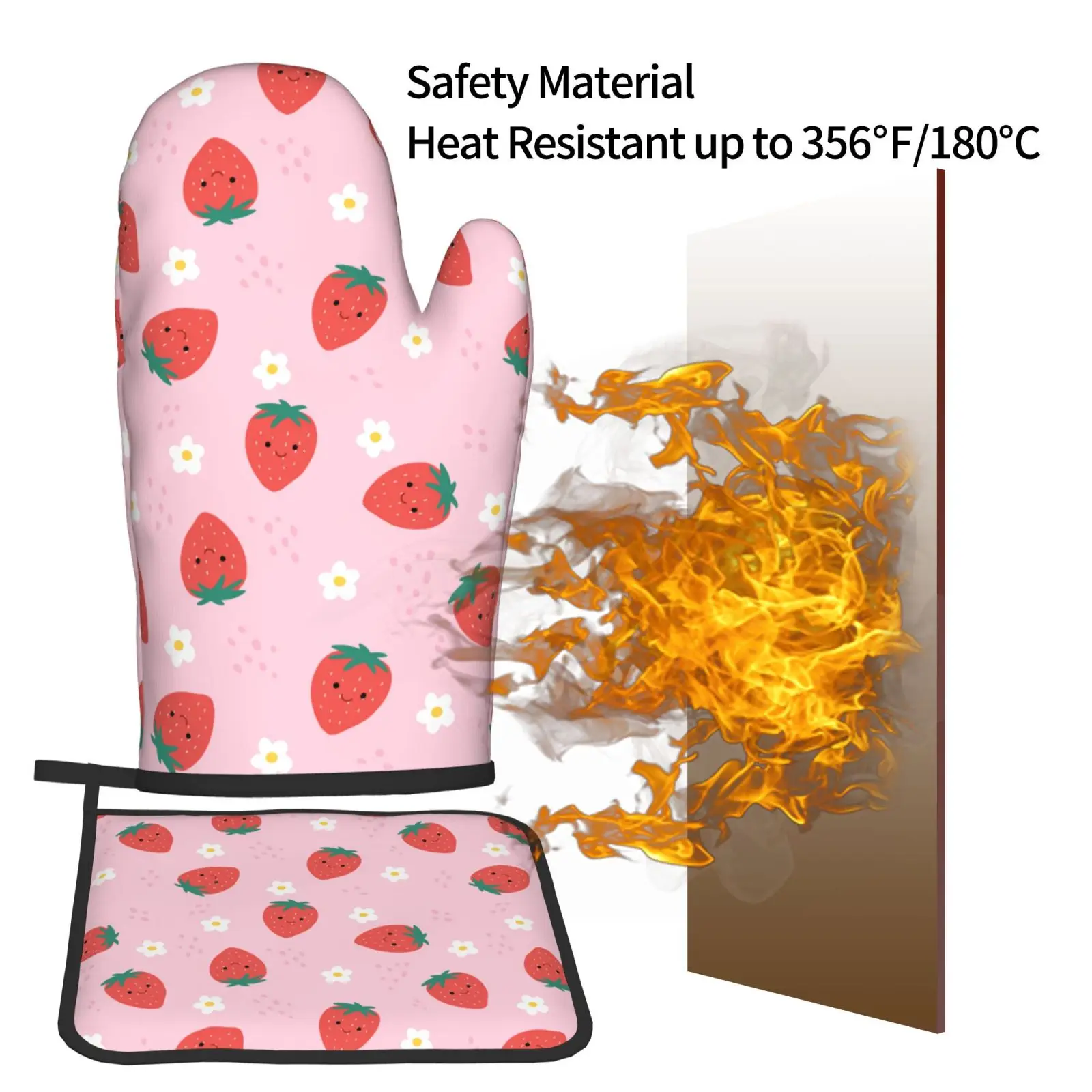 Рукавицы и варежки для духовки с клубничкой 2 шт. термостойкие Нескользящие