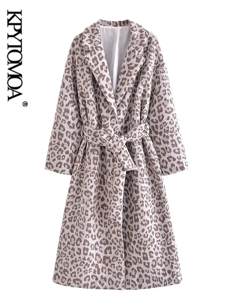 KPYTOMOA Women Fashion With Belt Faux Fur Leopard Thick Warm Coat Vintage Long Sleeve Side Pocket Female Outerwear Chic Overcoat