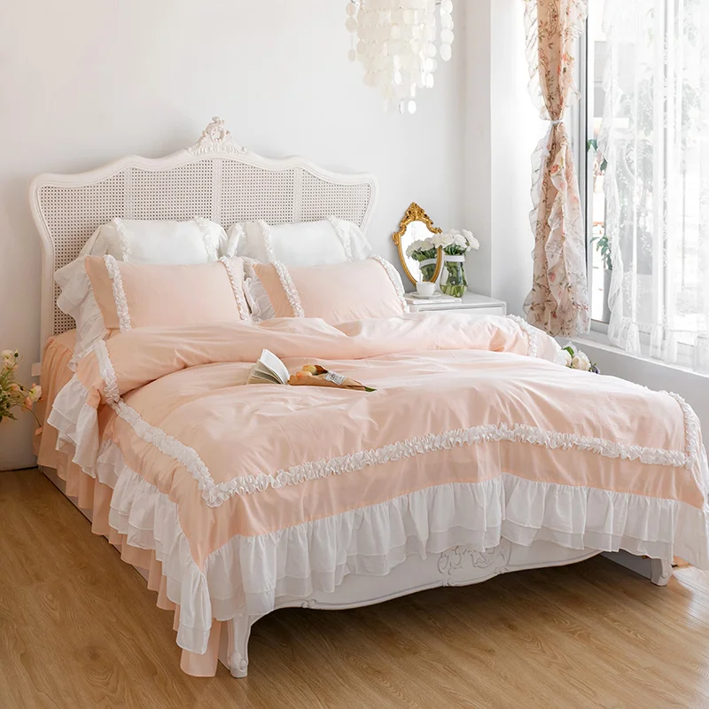 

Luxury 400TC Washed Cotton Princess Skirt ding Lace Ruffles Duvet Quilt Cover Comforter Set Bed Linen