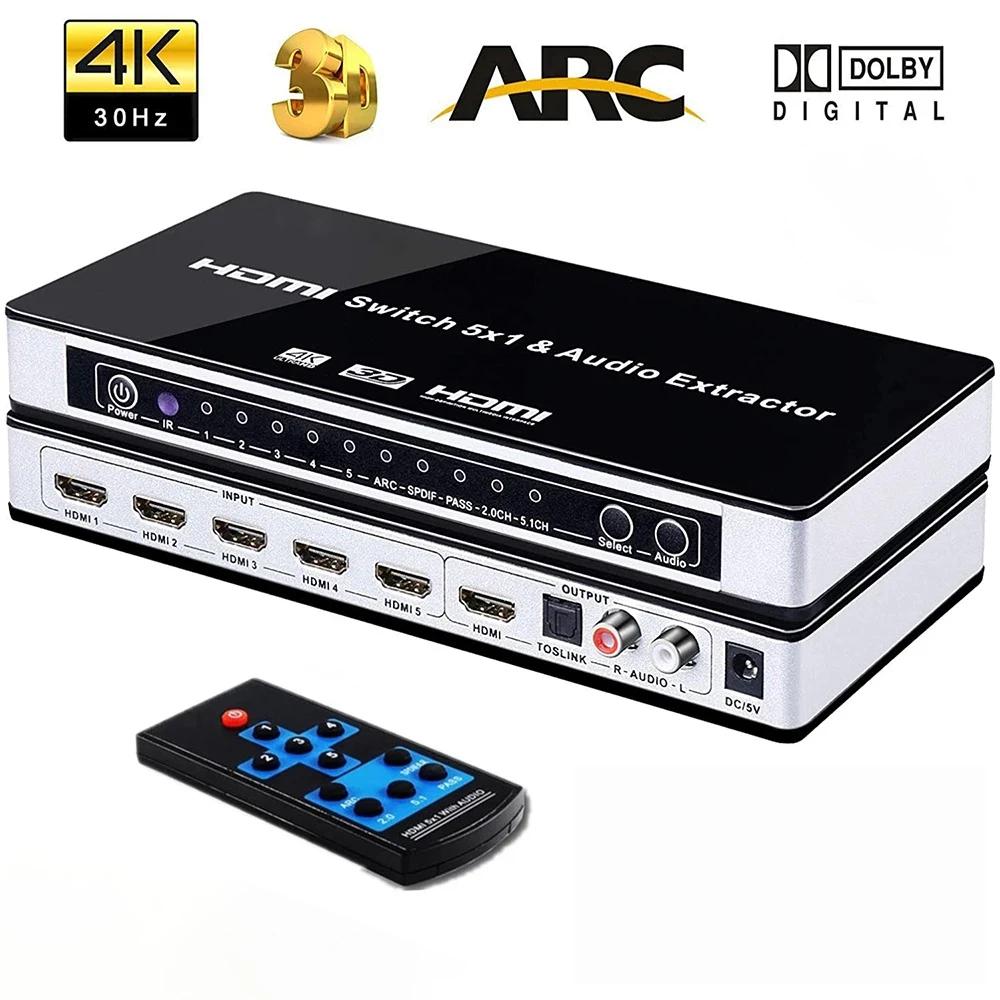 Extrator de Áudio Switcher com Caixa Seletor de Áudio Extrator de Áudio com Controle Hdmi Switcher Portas 4k Interruptor Arco com Controle Remoto ir 5×1 5