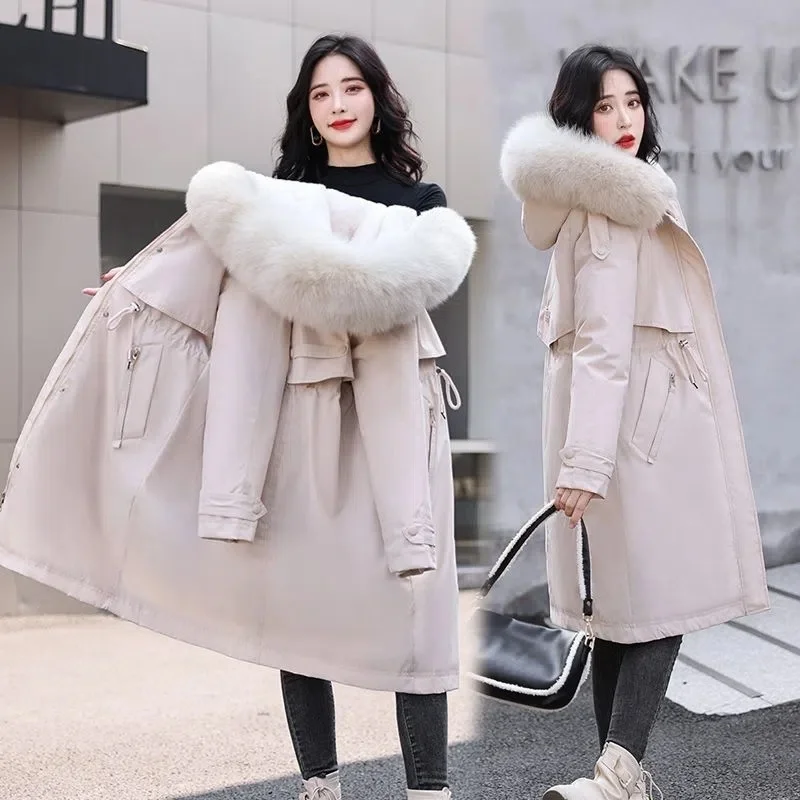 2022 New Snow Wear Long Parkas Winter Jacket Women Fur Collar Hooded Clothing Female Casual Fur Lining Thick Parka Winter Clothe