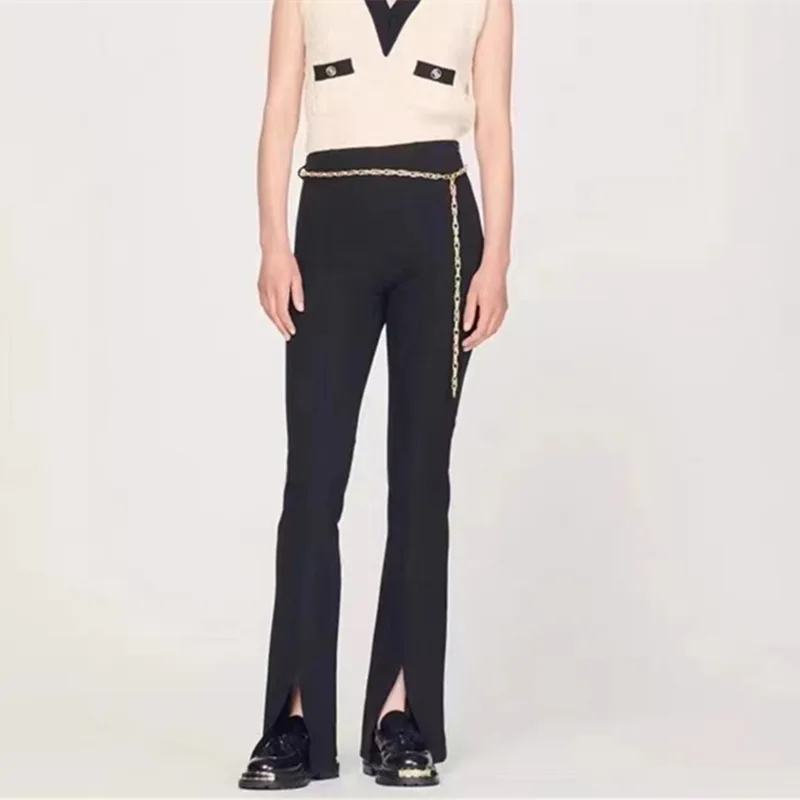 High-waisted Chain Belt Black Micro-slit Trousers Women's 2022 Autumn New Commuter Fashion French Trousers High Quality