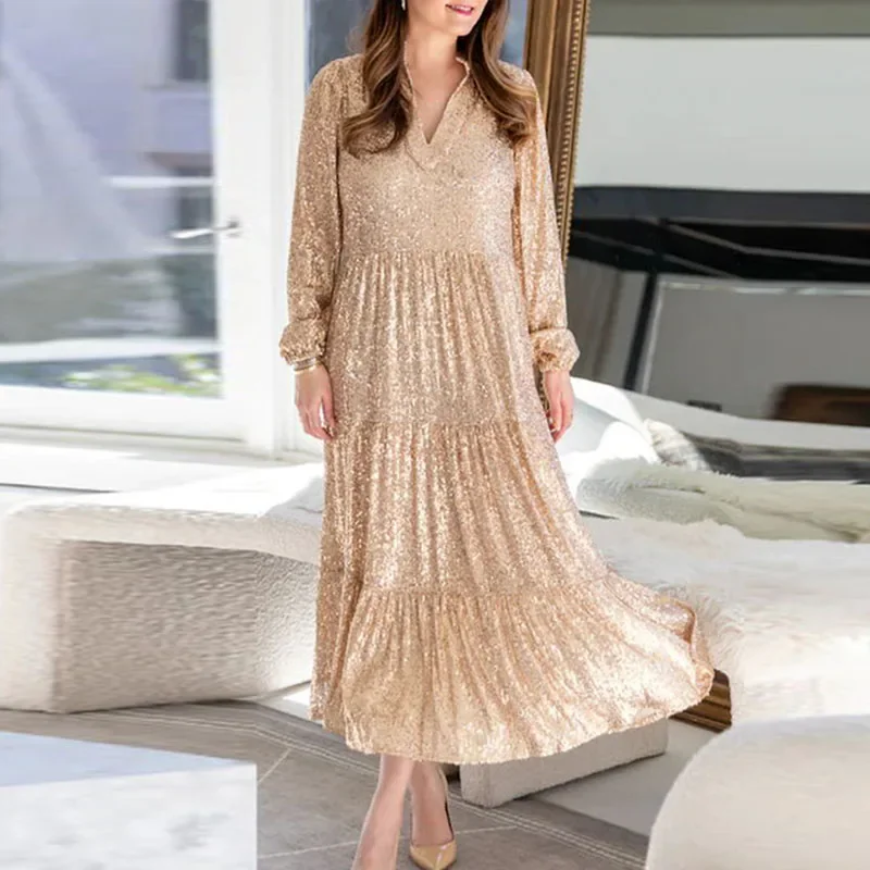 Блестящее длинное плиссированное платье цвета шампанского с блестками женское