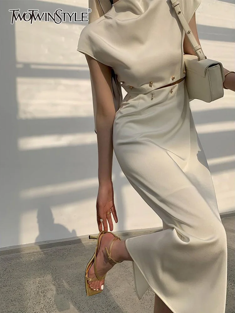 Elegant White Long Dress Female Round Neck Short Sleeve High Waist Cut Out Midi Dresses For Woman Clothing Fashion