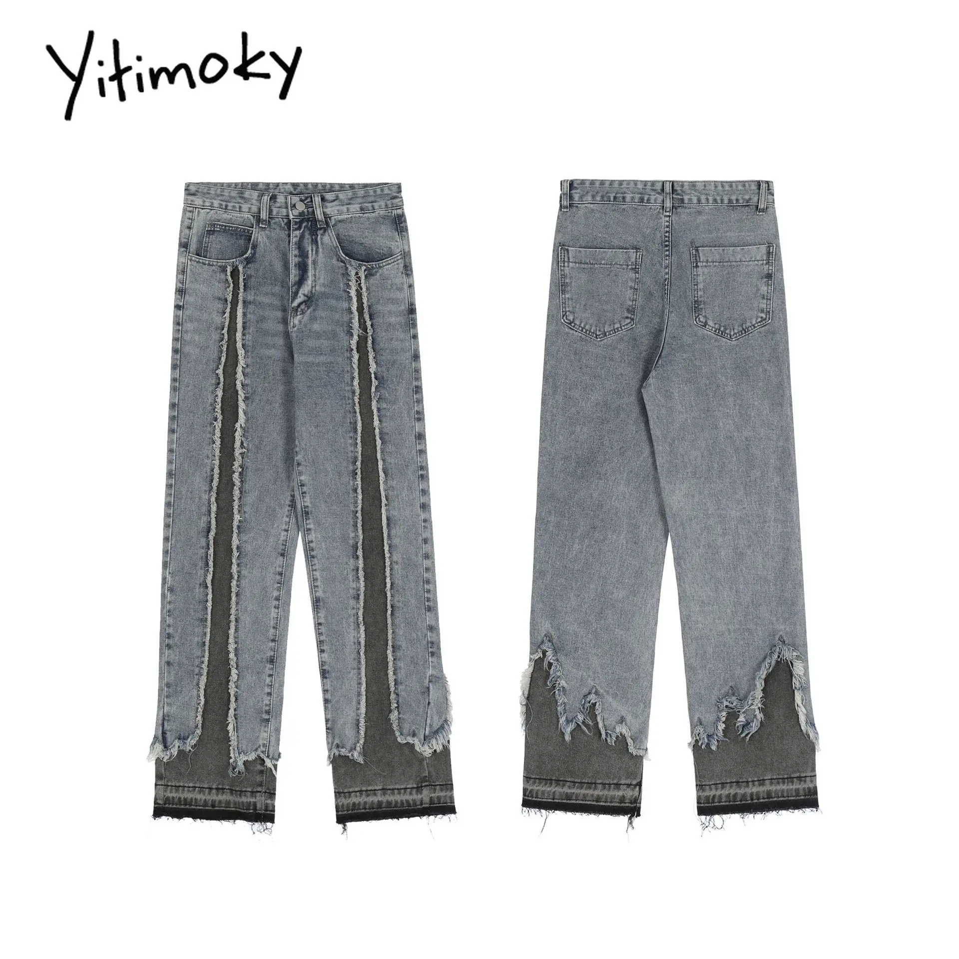 

Yitimoky 2022 Women Jeans Spliced Vintage Washed Straight High Waist Casual Wide Leg Pants Baggy Plus Size Denim Trouser Ladies