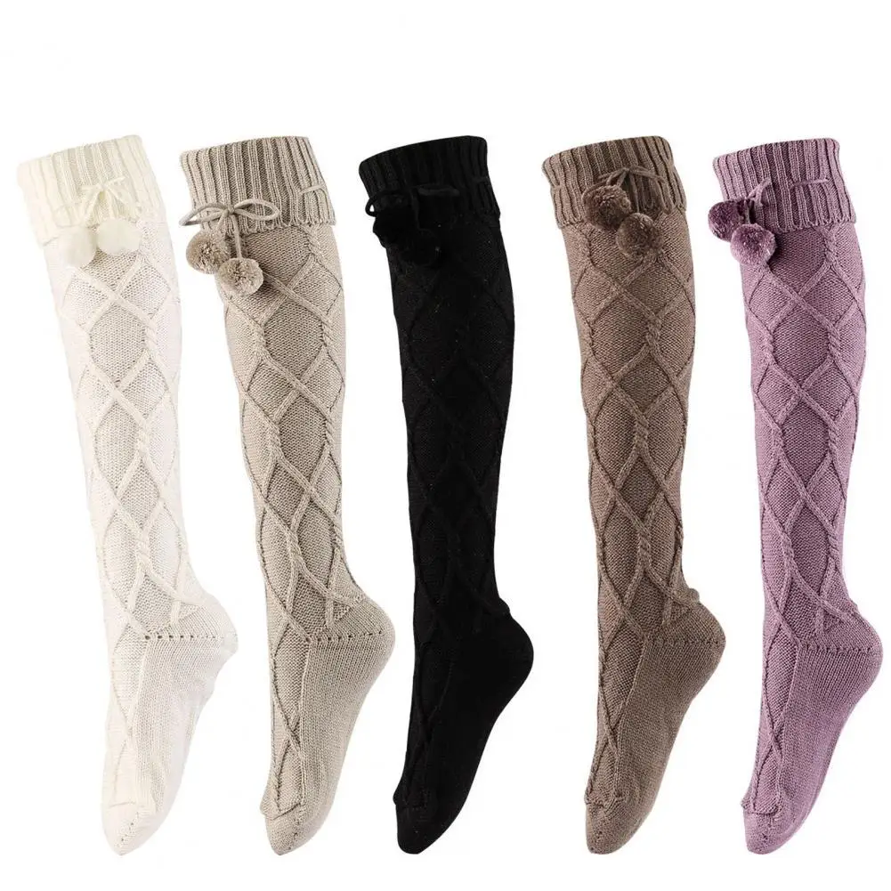 

Women Knitted Long Socks Long Pompom Tube Stockings Warm Over Knee Slim Fit Fleece Leg Warmer Anti-shedding Solid Color Winter