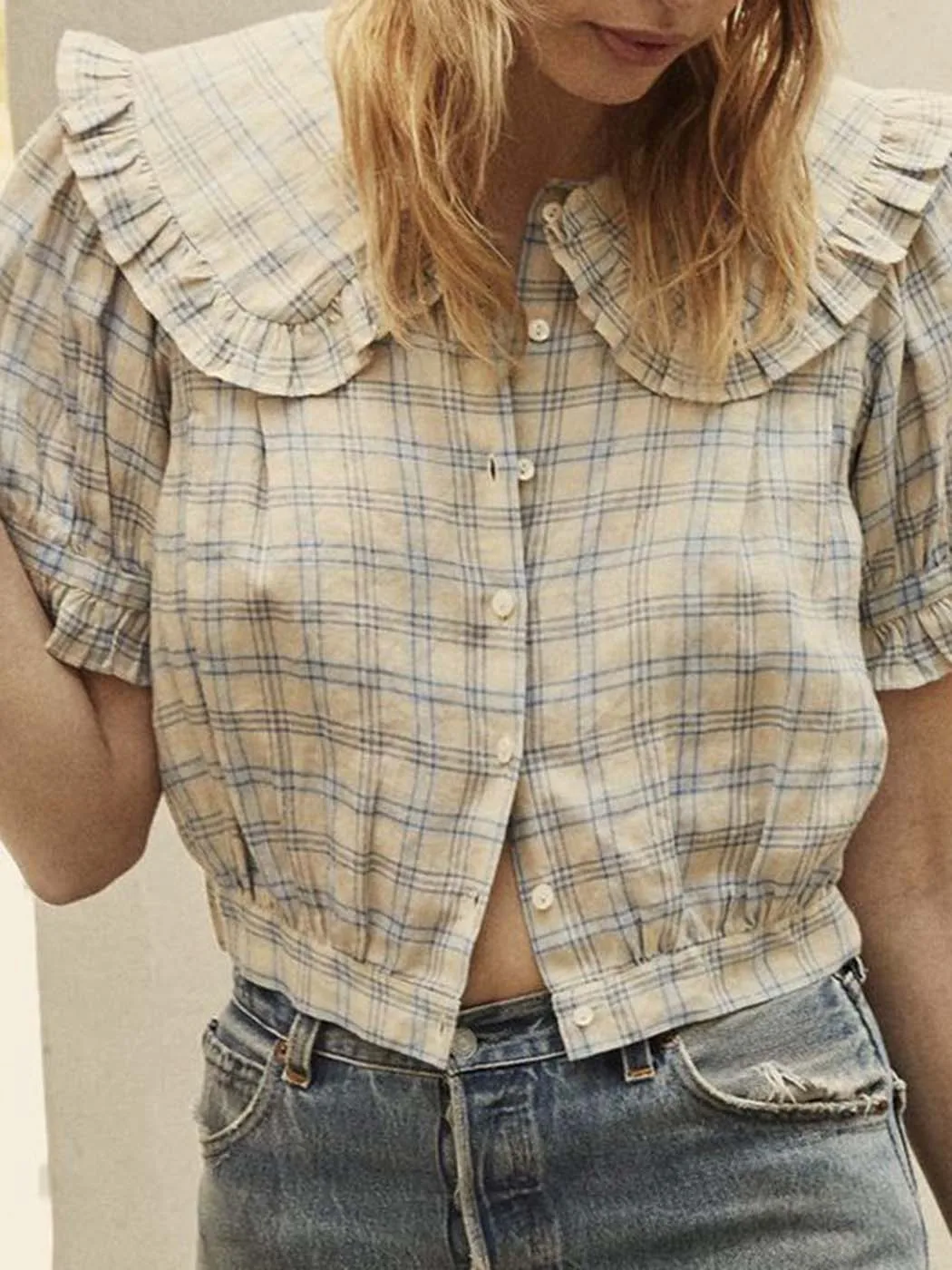 

Vintage Elegant Plaid Blouses Single Short Sleeve 2022 Summer Peter Pan Collar Breasted Shirt Women All-match Office Lady Tops