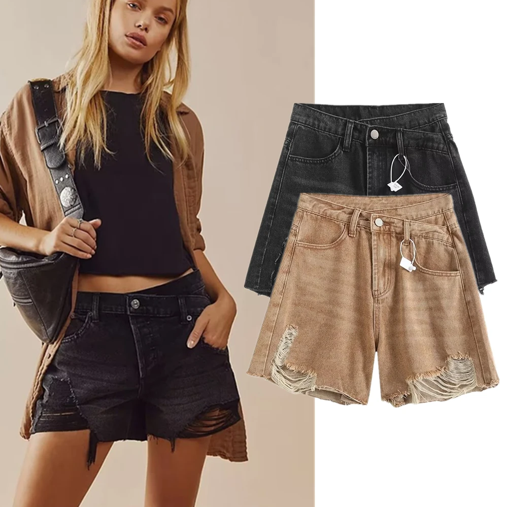 Dave&Di American Retro High Street Washed Hole Color Denim Solid  Shorts High Waist Casual Loose Bermuda Women Summer Mom Shorts