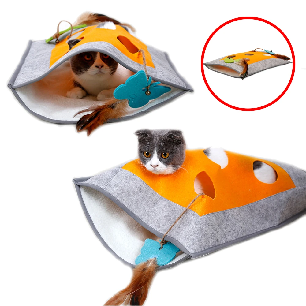 Interactive Cat Toy Pad Funny Feather Collapsible Tunnel Bored Pet Peek Hole for Kitten Playing Mat Teaser Toys Supplies |