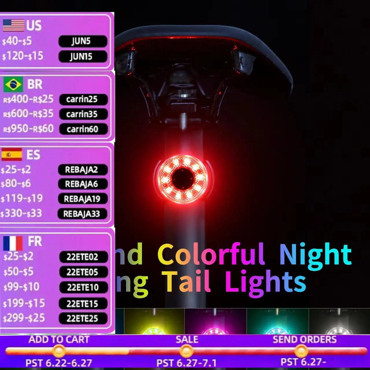 

ANTUSI Seatpost Saddle Mount Bicycle Rear Lamp Multi Colors 5 Mode 8-50Hrs 5V 2A USB Charge Power Indication Tail Lantern