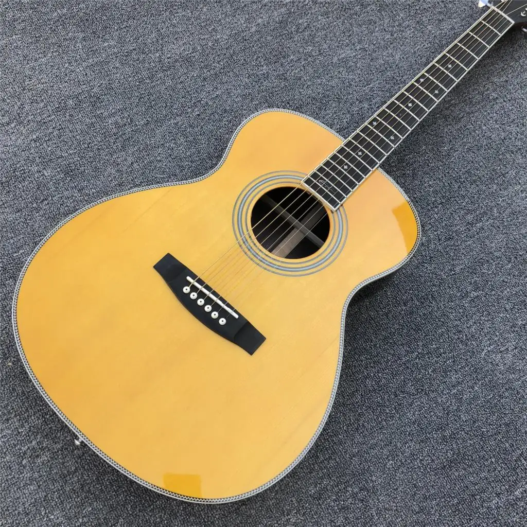 

Ebony Fingerboard Solid Spruce OM Style Acoustic Guitar with Fish Bone Binding Open Tuners