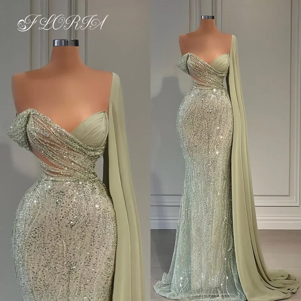 Mint Greeen Elegant Mermaid Evening Dresses 2022 Luxury Beading Sequin One Shoudler Wrap Prom Gowns For Woman Party Weddings