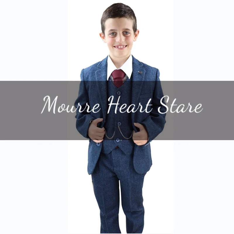 Tweed Boy Child Wedding Suit Slim Fit Formal Dinner Prom Blazer Set Kids Jacket Vest Pants Tuxedo 2yrs To 16yrs Custom