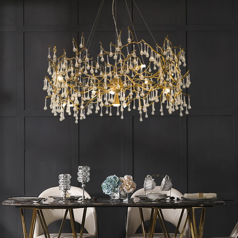 

Copper Light Luxury Restaurant Chandelier Post-Modern Crystal Lamp Living Room Chandelier Circle and Creative Branch Light D