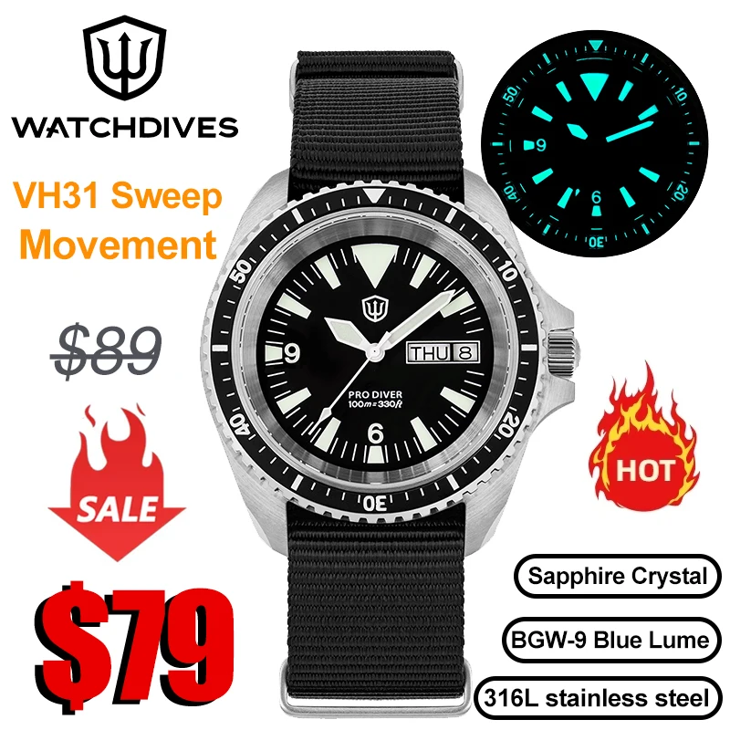 Фото Watchdives WD1980 V3 Часы VH31 Sweep Seconds Механизм Сапфировое Стекло BGW9 Светящиеся 10 Бар Водонепроницаемые 39 мм Военные Часы №1