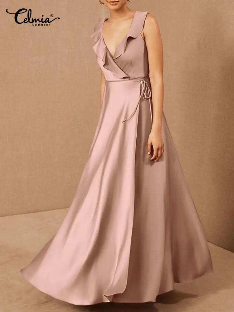 

Celmia 2022 летнее Атласное Платье макси с качели с оборками и V-образным вырезом, сексуальное Бандажное женское вечернее платье, Элегантное Длин...