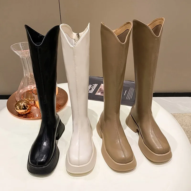 

Boots 2022 Autumn Winter New Leather Thick Soled Riding Women's Chelsea Ytmtloy Knee High Square Toe Botines De Mujer Rubber 1