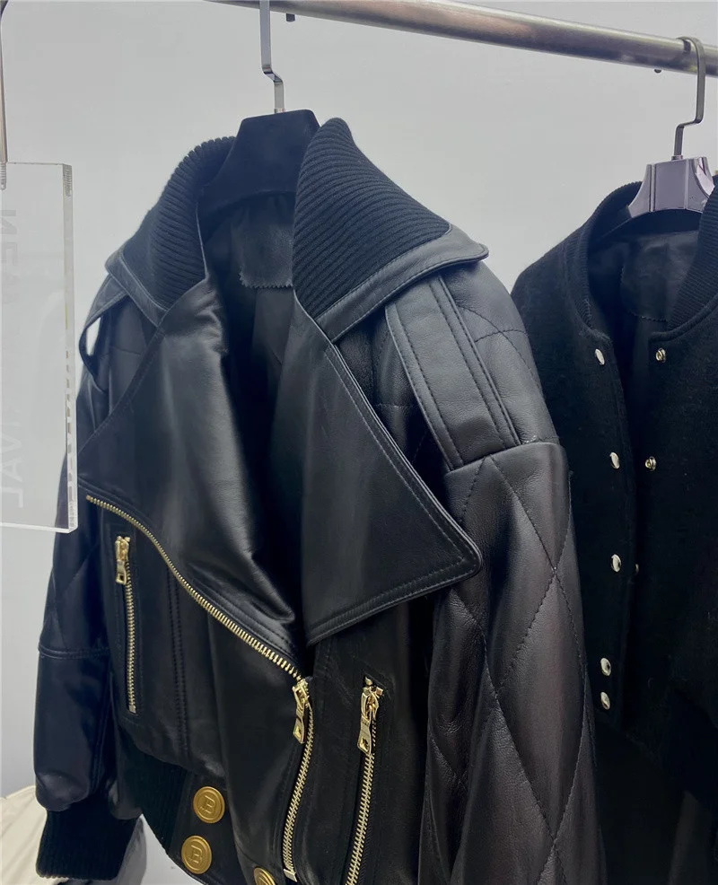 2022 Autumn Zipper Motorcycle Sheepskin Jacket Women Double Breasted Belt Gold-Button Casual Biker-Coat Outwear Chic