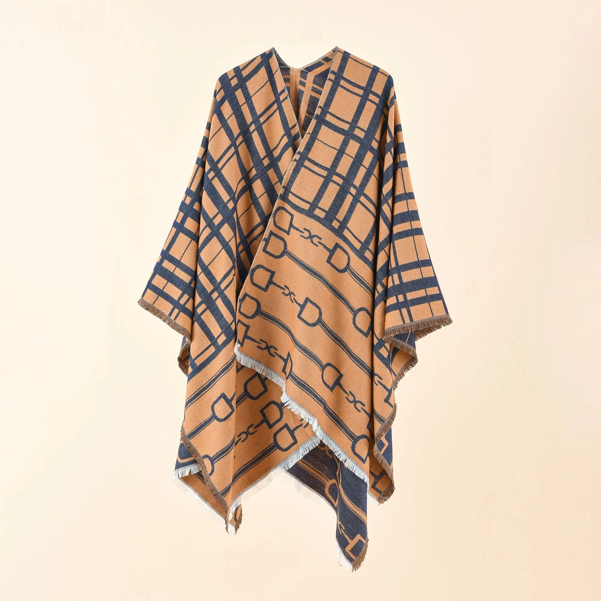 

2022 Autumn Winter New Plaid Chain Pattern Imitation Cashmere Warm Casual Women Shawl Tassels Poncho Capes Lady Coat Khaki