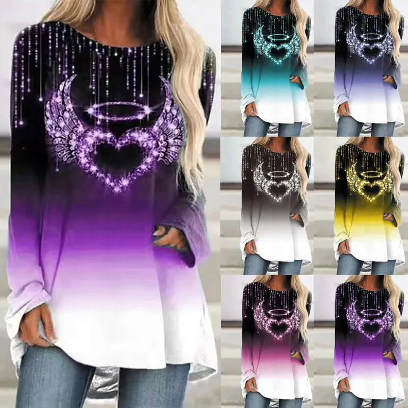 

2022 New Abstract Print Top Fashion Casual Tee Women Retro Elegant Long Sleeve Autumn Winter Women Round Neck Oversized Pullo